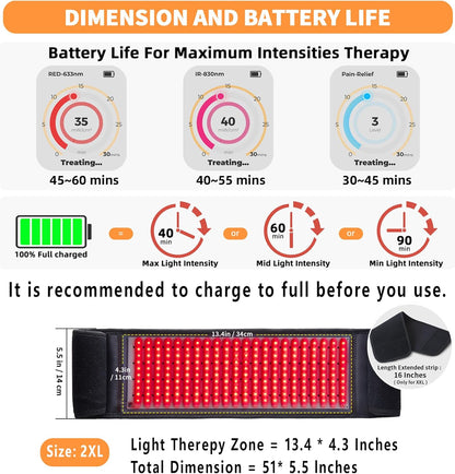 Infrared Light Therapy Belt for Body, High Intensity Red Light Therapy for Pain Relief Skin Repair Joint Inflammation with Rechargeable Controller for Use at Home Travel Office, Black, 2X-Large